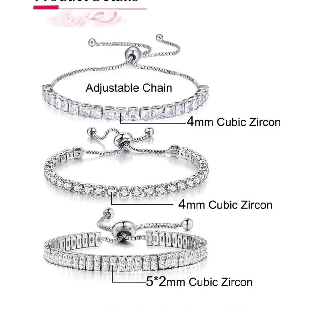 Cubic Zirconia Bracelet Adjustable Tennis Bracelet‎ Silver Plated Jewelry